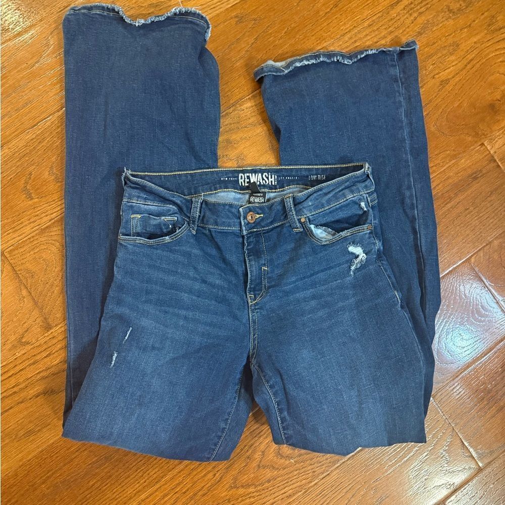 REWASH Dark Blue Distressed Flare Jeans with Frayed Hem size 7/28
